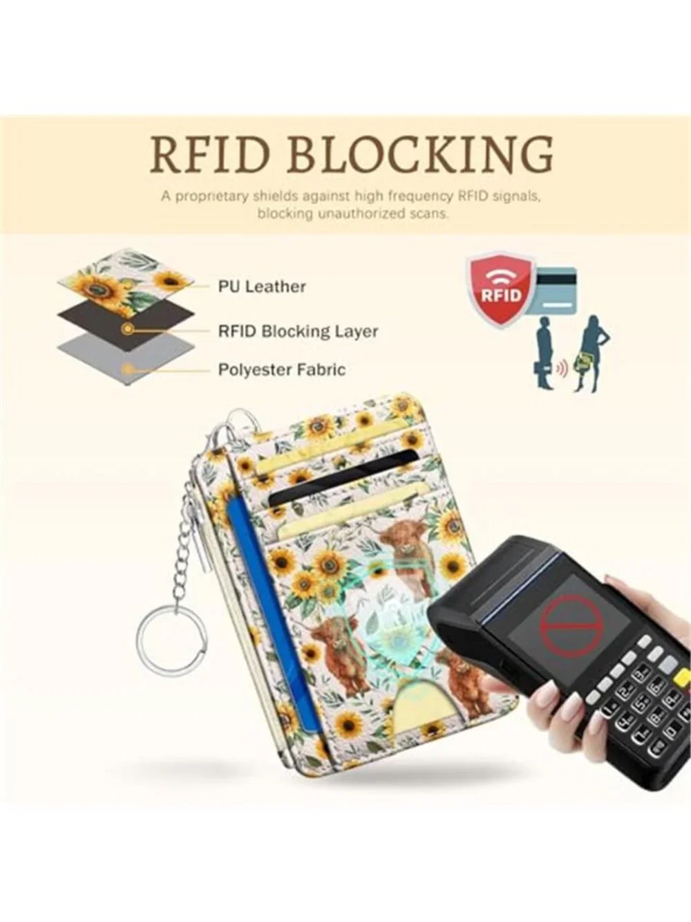 Highland Cow Sunflower Floral RFID Womens Slim Wallet Card Holder Coin Purse